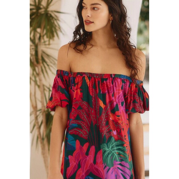 Farm Rio Off Shoulder Dress Coverup Anthropologie Tropical Leaf Tiered Siz M NEW - Picture 2 of 10